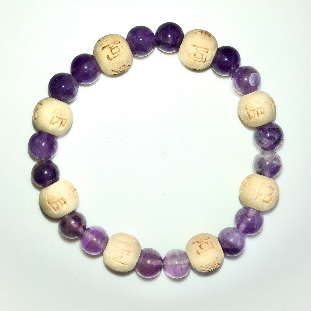 KARMALOGY Lucky Karma Amethyst Crystal + Wood Beaded Stretch Bracelet Unisex NEW